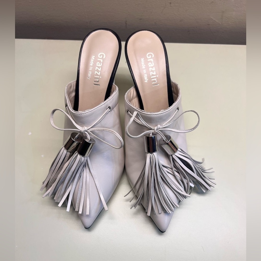 GIOVANNA GRAZZINI MADE IN ITALY LEATHER Women's White Tassel Mules